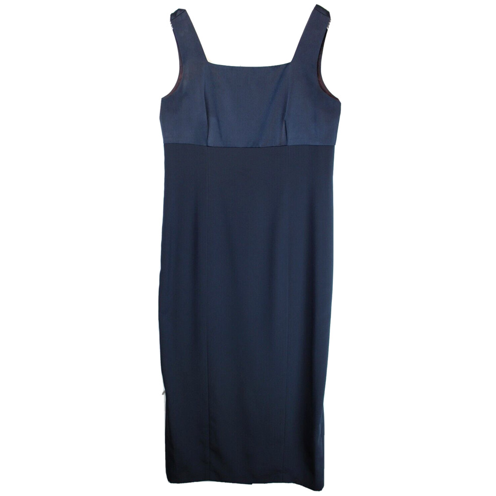 Talbots Shift Maxi Dress Women 12 Navy Sleeveless Back Slit Festive Old‎ Money
